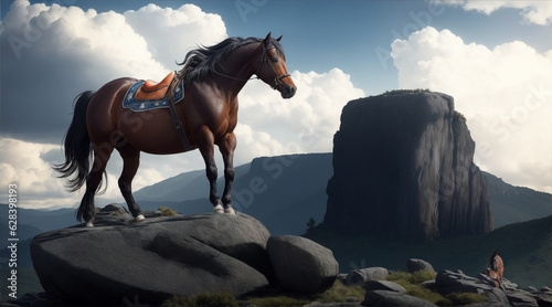 A horse stands on a rocky landscape with the sky in the background. Generative AI.