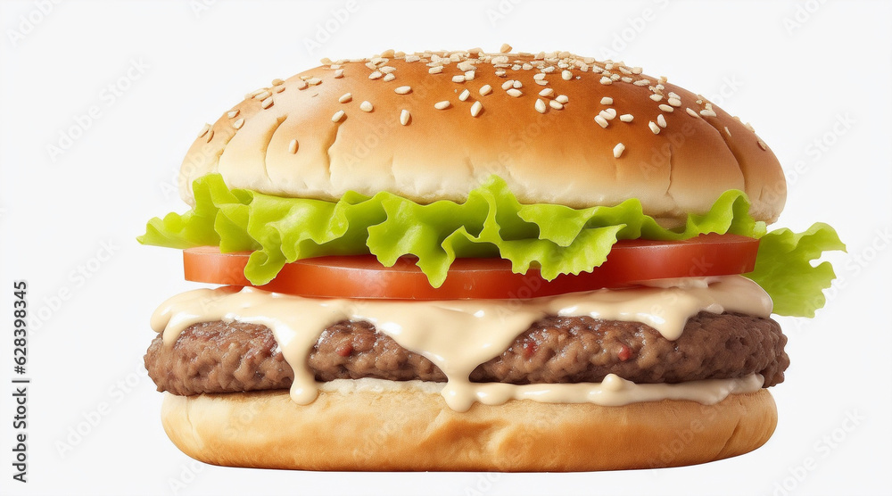 Double hamburger isolated on white background fresh burger fast food with beef and cream cheese. Generative AI. Double hamburger isolated on white background fresh burger fast food with beef and cream cheese. Generative AI.