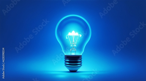 Creative light bulb abstract on glowing blue background. Generative AI.