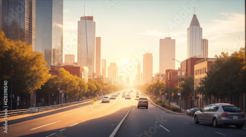 Beautiful view of the road during afternoon American city. Generative AI.