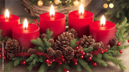 Red candles in a wreath with pine cones in the style of luminous atmosphere. Generative AI.