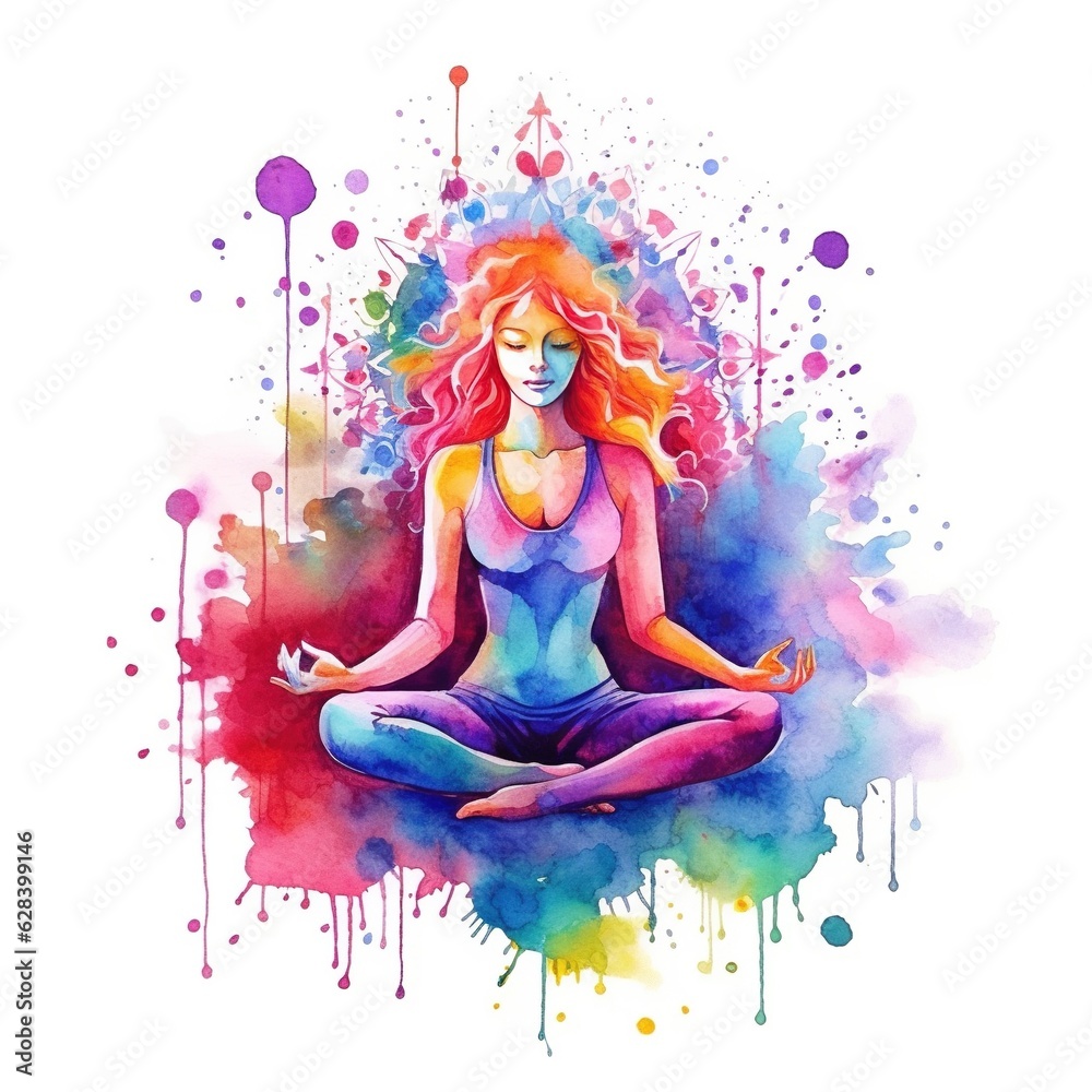 Obraz premium Generative AI, Woman silhouette in yoga pose, watercolor hand drawn illustration. Lotus position, chakras on meditating.