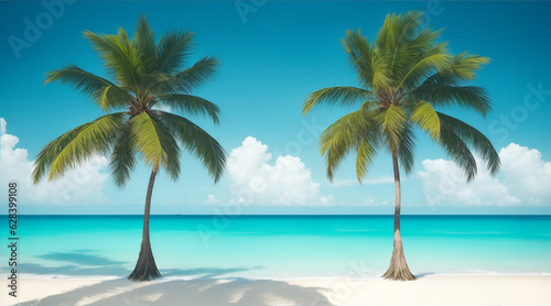 Two palms are on a beach the ocean in the style of serene oceanic vistas. Generative AI.