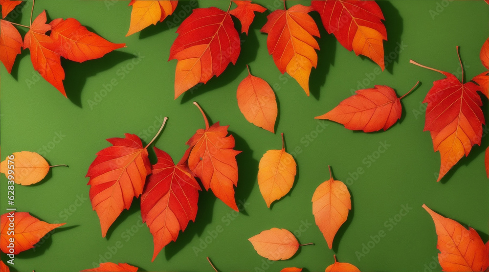 Obraz premium Fall leaves are laying down on a greem background. Generative AI.