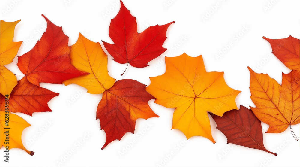 Fall leaves are laying down on a white background. Generative AI. Fall leaves are laying down on a white background. Generative AI.