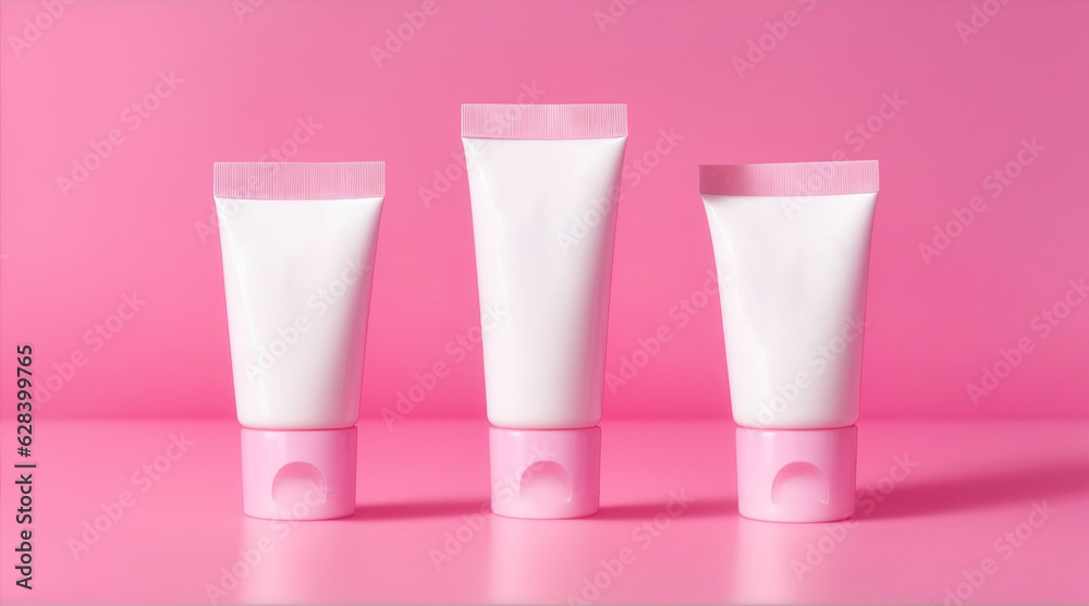 Three empty tube of body cream against pink background. Generative AI. Three empty tube of body cream against pink background. Generative AI.