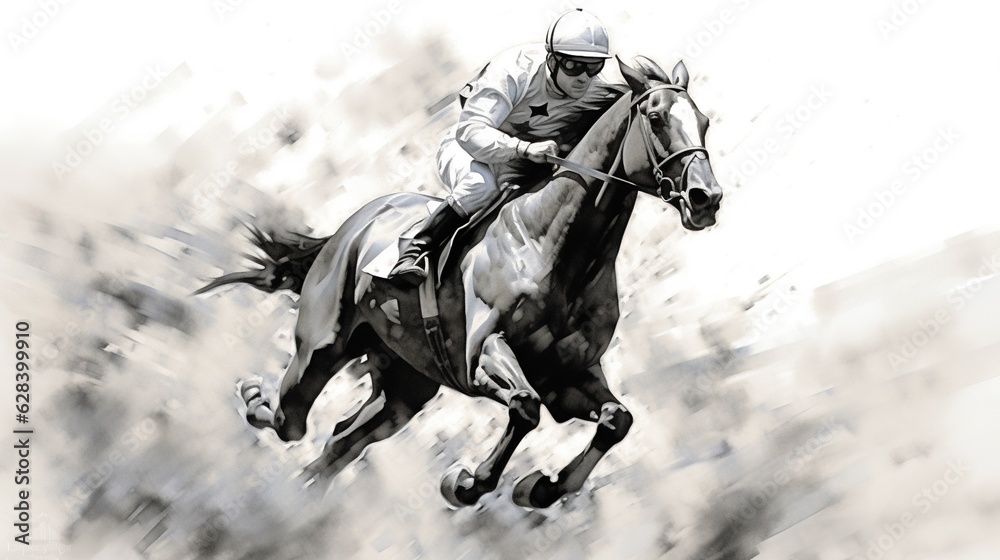 Generative AI, Ink painted racing horse with jockey, equestrian sport, monochrome illustration Generative AI, Ink painted racing horse with jockey, equestrian sport, monochrome illustration