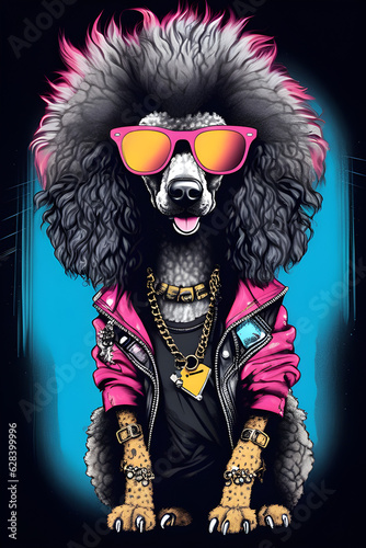 Poodle dog dressed in punk rock rock and roll clothing and sunglasses