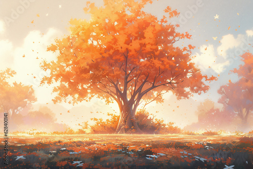 The beginning of autumn, autumn forest scene illustration