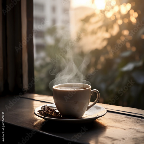 Cup of hot coffee in front of the window. in a white porcelain cup and saucer of coffee. close-up.