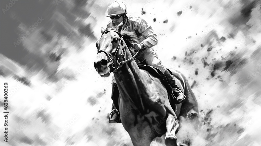 Generative AI, Ink painted racing horse with jockey, equestrian sport, monochrome illustration Generative AI, Ink painted racing horse with jockey, equestrian sport, monochrome illustration