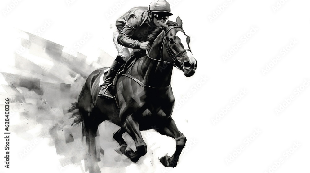 Generative AI, Ink painted racing horse with jockey, equestrian sport, monochrome illustration Generative AI, Ink painted racing horse with jockey, equestrian sport, monochrome illustration