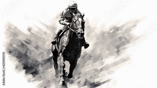 Generative AI, Ink painted racing horse with jockey, equestrian sport, monochrome illustration