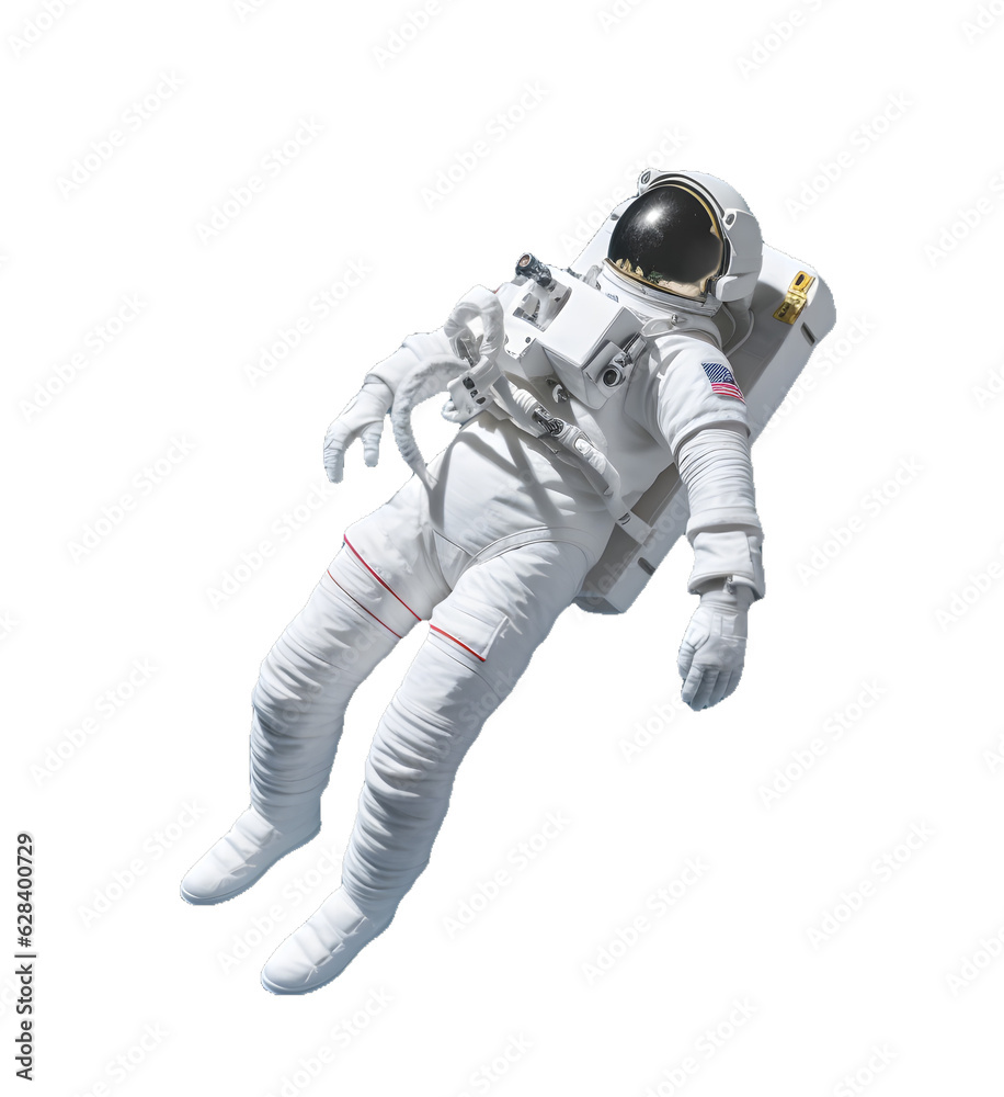 Astronaut in space suit floating in outer space isolated on transparent white background