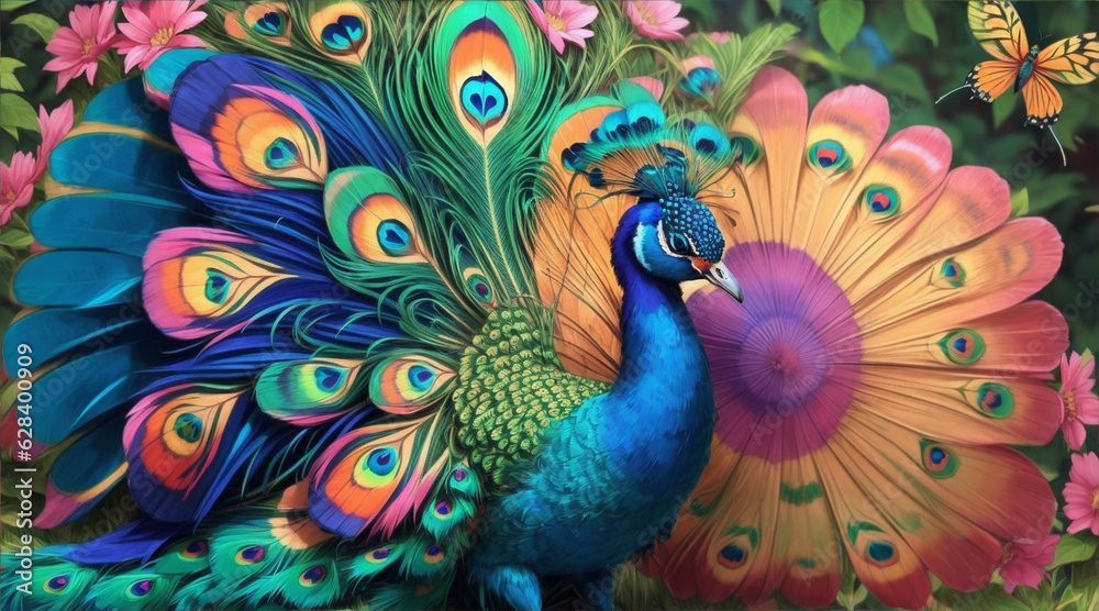 Fototapeta premium A colorful peacock with a colorful background and butterflies.. Generative AI.