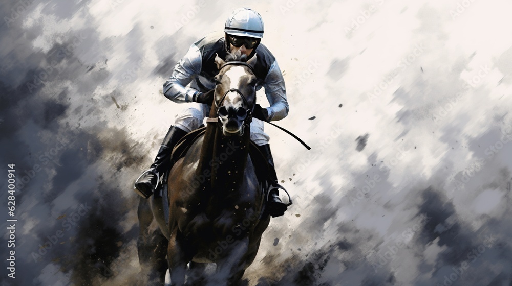 Generative AI, Ink painted racing horse with jockey, equestrian sport, monochrome illustration Generative AI, Ink painted racing horse with jockey, equestrian sport, monochrome illustration