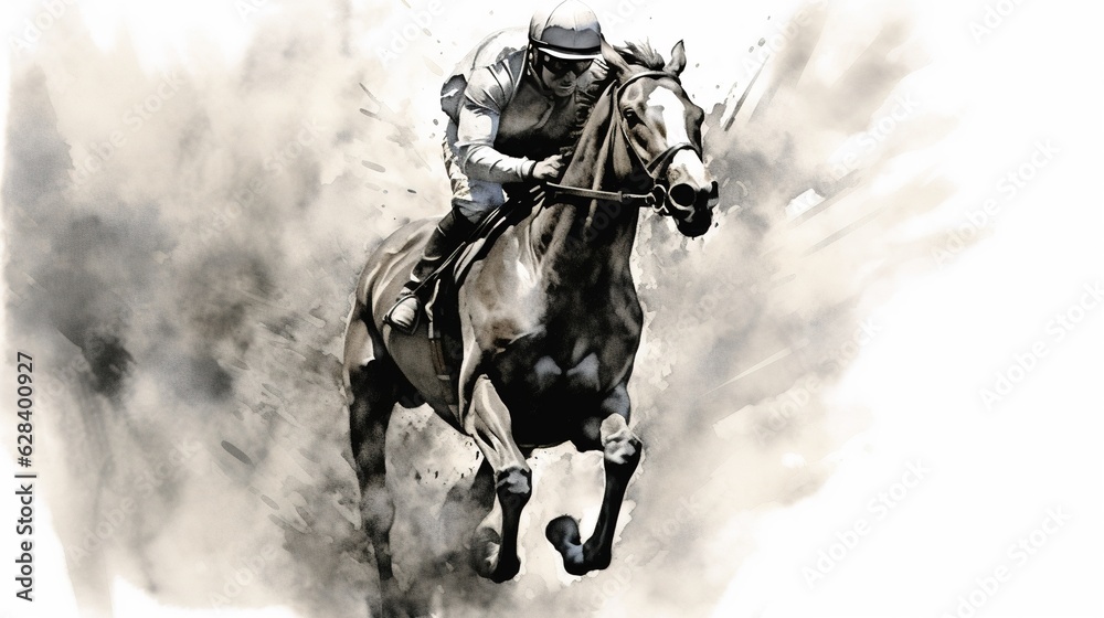 Generative AI, Ink painted racing horse with jockey, equestrian sport, monochrome illustration Generative AI, Ink painted racing horse with jockey, equestrian sport, monochrome illustration