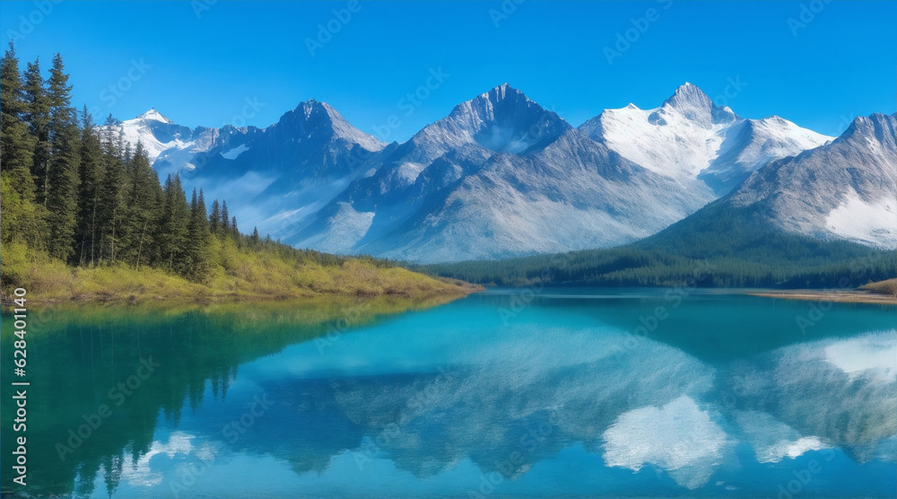 Majestic mountain range reflects tranquil blue pond. Generative AI.