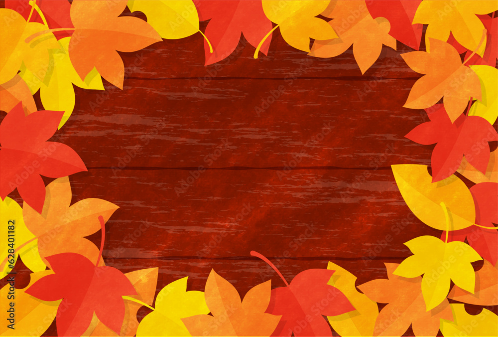 vector background with colorful autumn leaves frame and wood texture ...