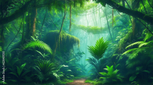 Jungle background forest nature scene futuristic. Generative AI.