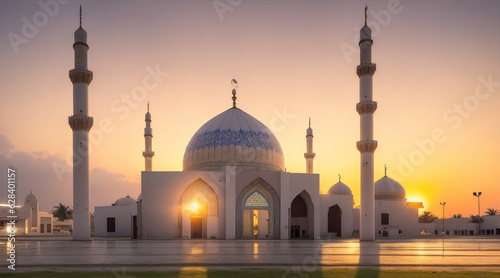 Photo ramadan Kareem Eid Mubarak mosque in evening with sun light background. Generative AI.