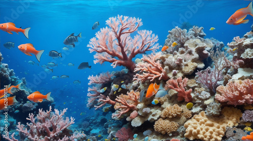 Multi ed fish swarm soft coral in tropical reef. Generative AI. © BornHappy