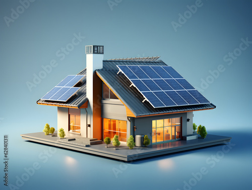model house with Solar Panel on the roof 3D illustration. Renewable energy concept