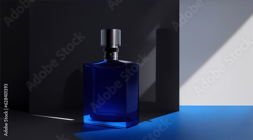 Men perfume blue glass bottle advertising promotional mockup pro