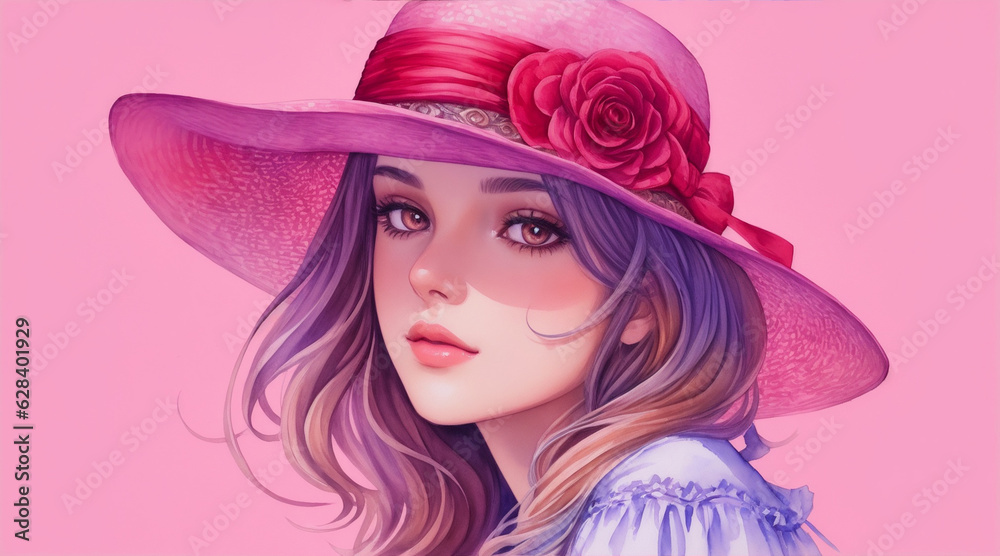 A illustration of a beautiful girl wearing a hat watercolor art. Generative AI. A illustration of a beautiful girl wearing a hat watercolor art. Generative AI.