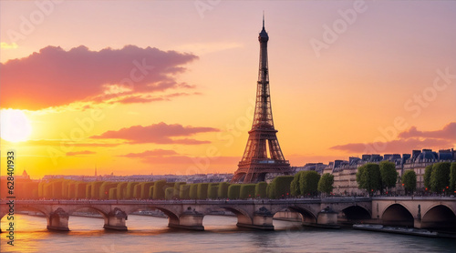 Sun sets on Paris a city of history. Generative AI.
