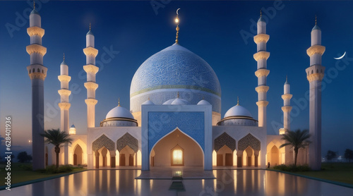 The beautiful serene mosque at day in the blessed month of Ramadan the illuminated. Generative AI.