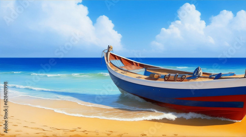 Boat on beach oil painting wallpaper background landscape. Generative AI.