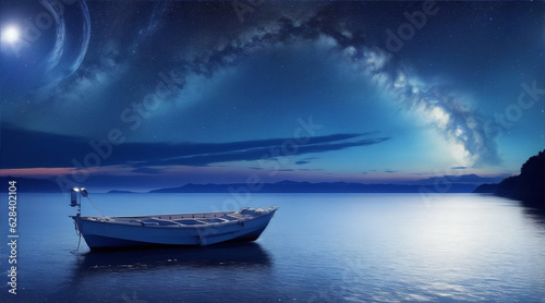 Boat on the space wallpaper background landscape. Generative AI.