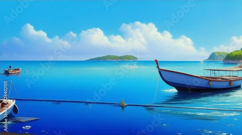 Boat on the sea painting wallpaper background landscape. Generative AI.