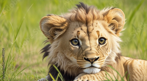 Closeup of a cute lion cub. Generative AI.