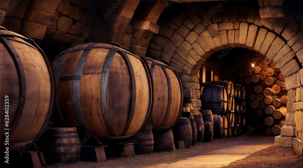 Old wine barrels stacked in a vineyard cellar. Generative AI.