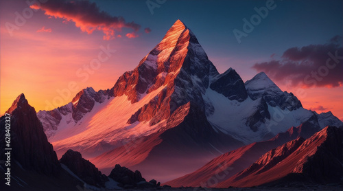 Mountain peak rises above rocky in sunset. Generative AI.