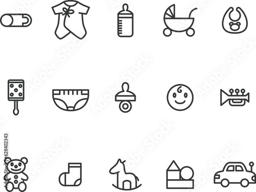 線画育児ベビー用品のイラストアイコンセット