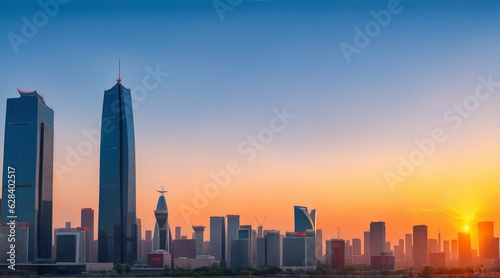 Sunset sky in modern Beijing skyline steel skyscrapers. Generative AI.