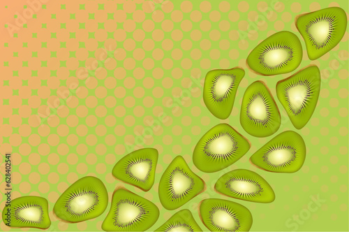 Colorful kiwi background. Fruit composition on the dotted background. Distorted and deformed shapes. Concept of summer, surrealism and creativity.