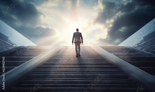 an ambitious businessman climbing the stairs to success, symbolizing the concept of career path success, future planning, and business competitions
