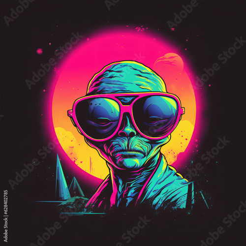 T-shirt Design of graphic cute alien in vivid colors, Cybernetic art character Illustration. Generative Ai