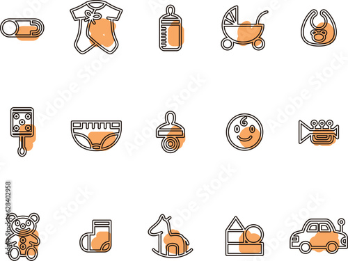 アウトラインの育児ベビー用品のイラストアイコンセット　オレンジ