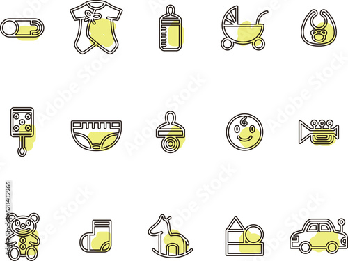 アウトラインの育児ベビー用品のイラストアイコンセット　黄色