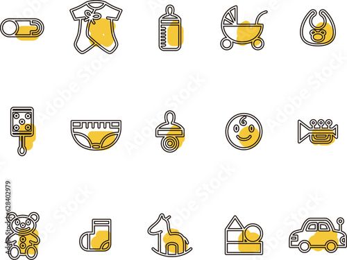 アウトラインの育児ベビー用品のイラストアイコンセット