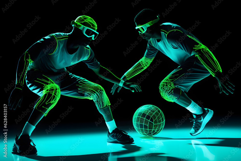 playing sport neon light futuristic costume. Playing basketball neon light