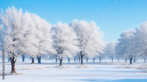 Frosty Winter Wonderland: Trees Covered in Glistening Frost. Generative AI.
