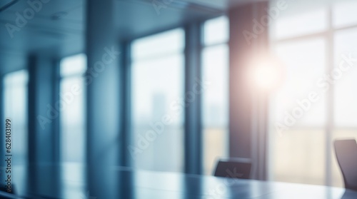 Stunningly blurred background of an airy, contemporary office space with large windows and lovely sunlight. Generative AI.