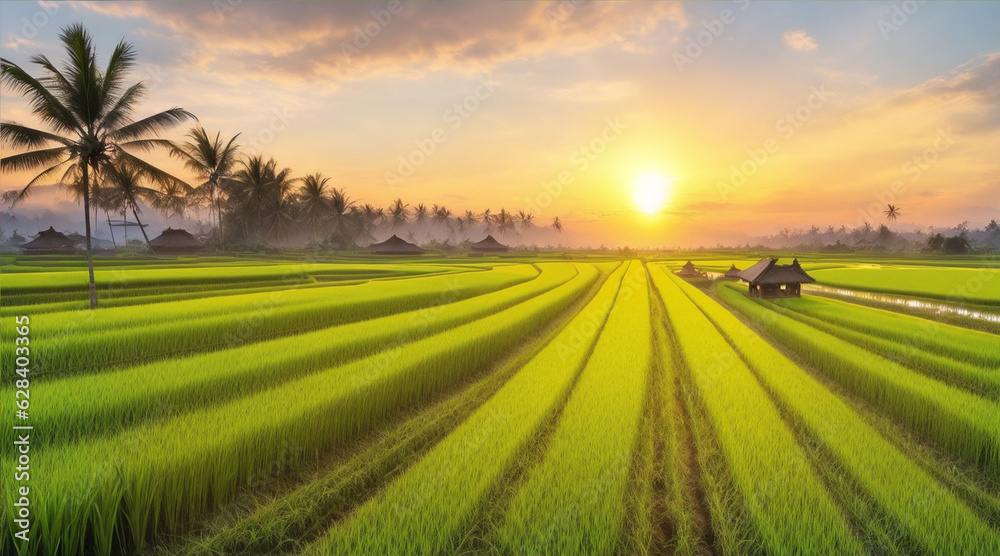 Organic rice harvested at sunset Bali beauty. Generative AI.