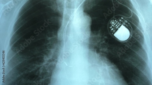 Doctor Examining X-Ray Image of Chest with Artificial Cardiac Pacemaker Implant photo